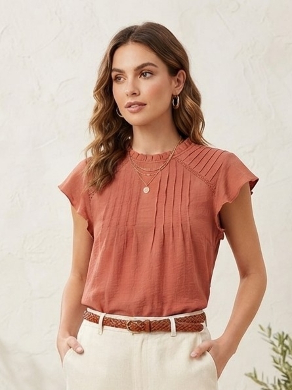 Nanette Lepore Rust Pintuck Flutter Sleeve Blouse
